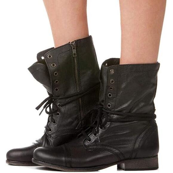 Steve Madden Troopa Tie Up Combat Boots – Black Distressed Leather, Size 6.5M - Picture 1 of 11